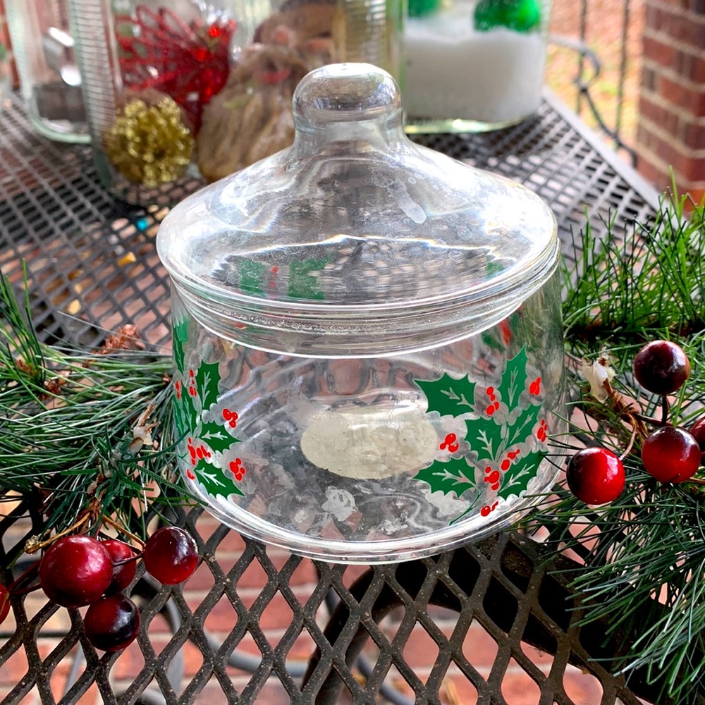 Vintage glass Holly snack jar w/ lid Lancaster Indiana glass Co made in …